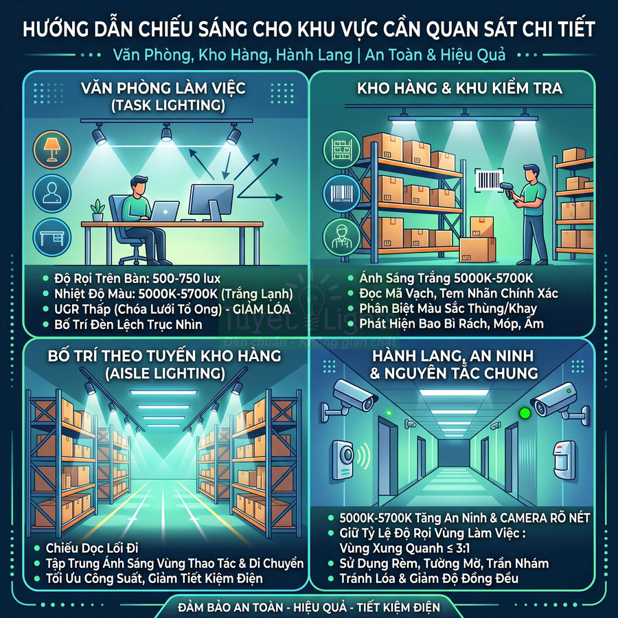 Hướng dẫn chiếu sáng bằng đèn LED cho văn phòng, kho hàng, hành lang và khu vực an ninh